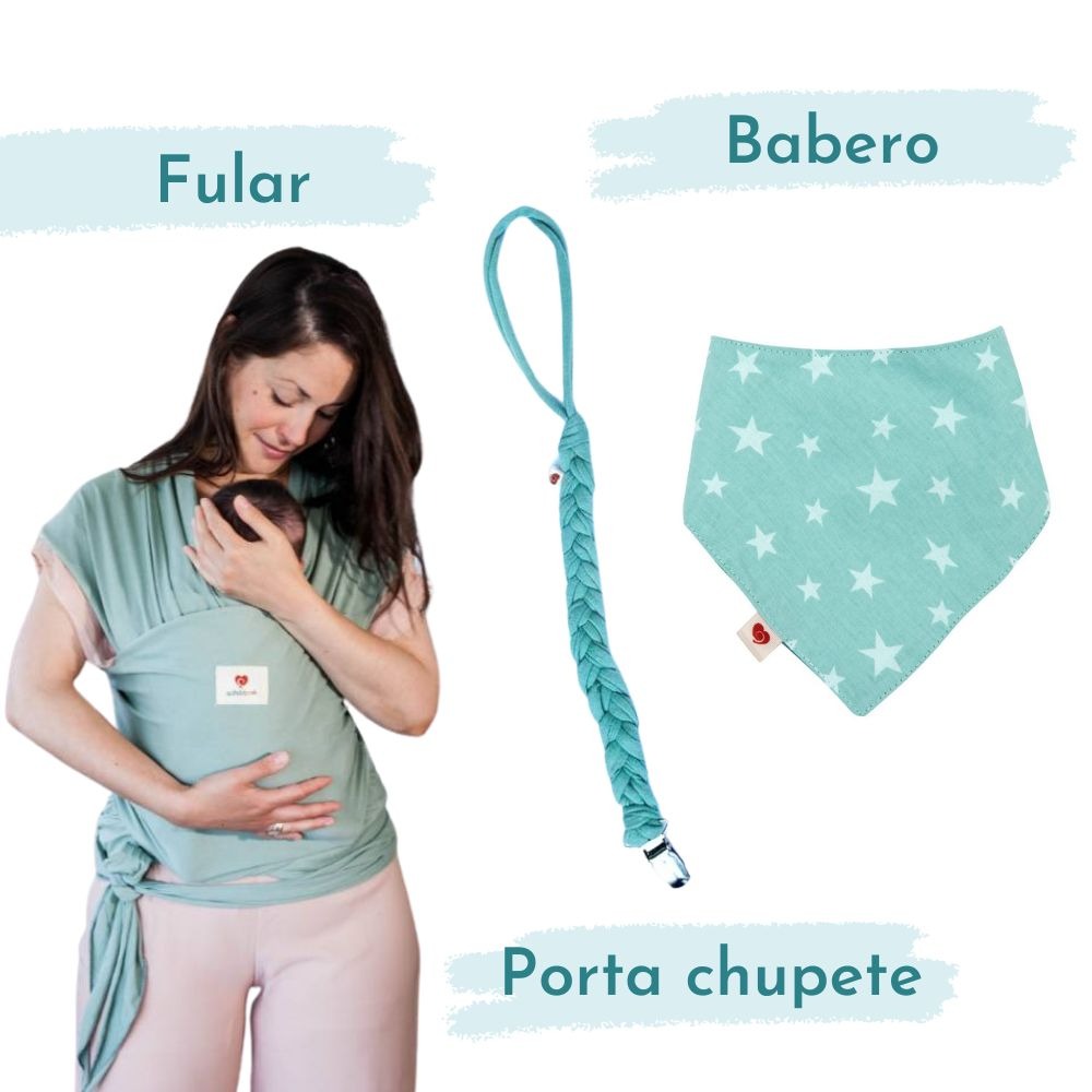 Ajuar Baby Shower (Fular + Portachupete + Babero) Menta