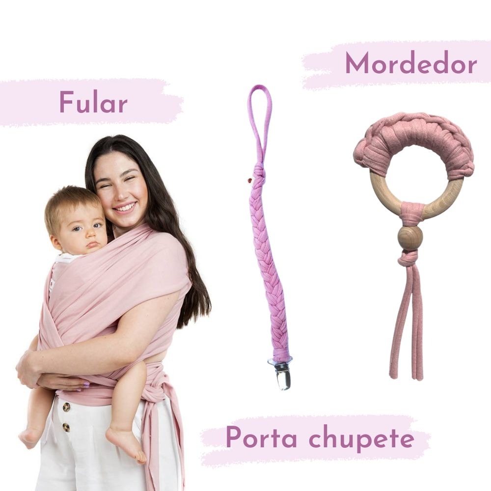 Ajuar Baby Shower (Fular + Mordedor +Portachupete) Palo Rosa